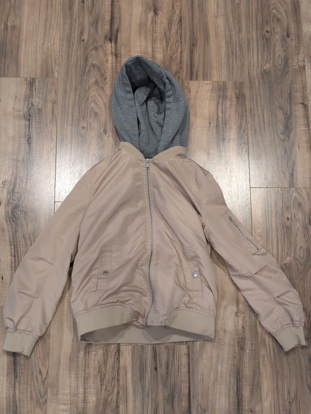 Forever 21 Beige Bomber Jacket with Gray Hood